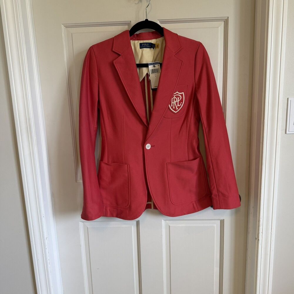 NWT Ralph Lauren Women’s Crest Logo Patch Double Knit Blazer Coral Size 2 Lovely